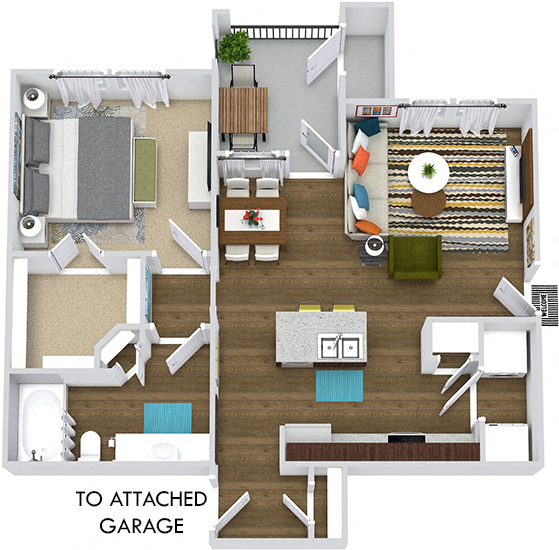 Floor plan for 1 bed, 1 bath, 725 sqft
